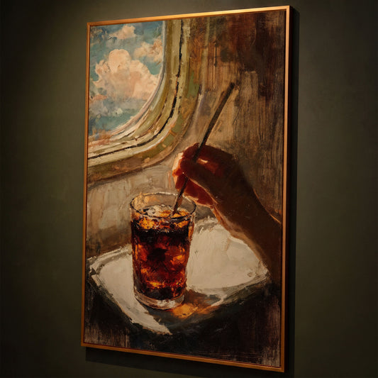 Dark Soda Over Ice, Open Window View. Cocktail Canvas Art shown in antique gold floating frame
