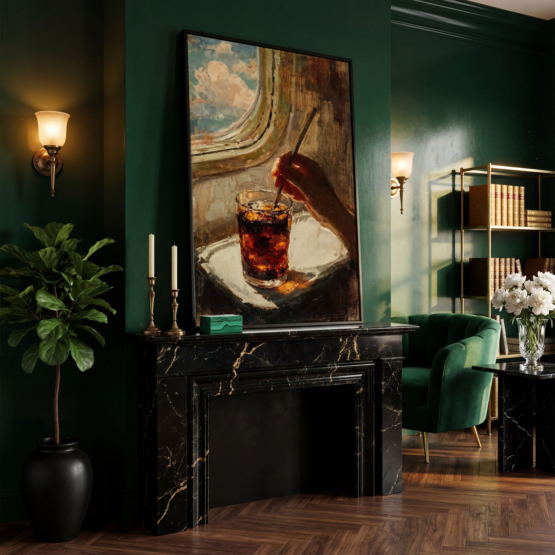 Dark Soda Over Ice, Open Window View. Cocktail Canvas Art in black floating frame