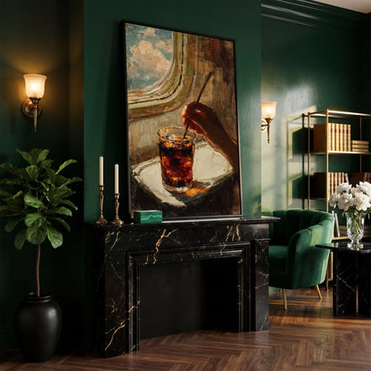 Dark Soda Over Ice, Open Window View. Cocktail Canvas Art in black floating frame