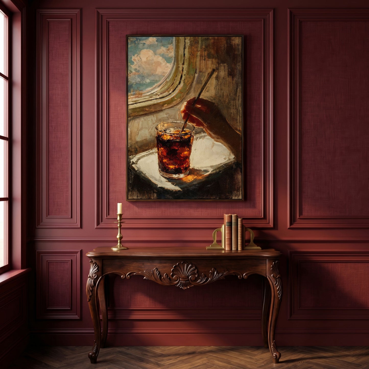 Dark Soda Over Ice, Open Window View. Cocktail Canvas Art in dark walnut floating frame