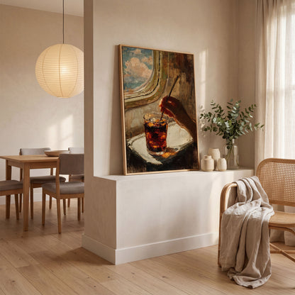 Dark Soda Over Ice, Open Window View. Cocktail Canvas Art in white oak floating frame