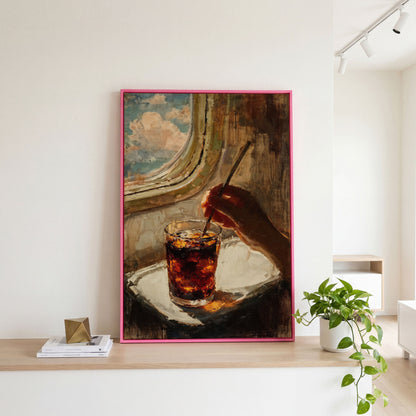 Dark Soda Over Ice, Open Window View. Cocktail Canvas Art in pink floating frame
