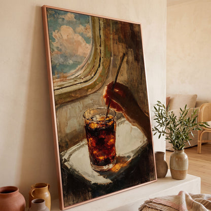 Dark Soda Over Ice, Open Window View. Cocktail Canvas Art in rose gold floating frame