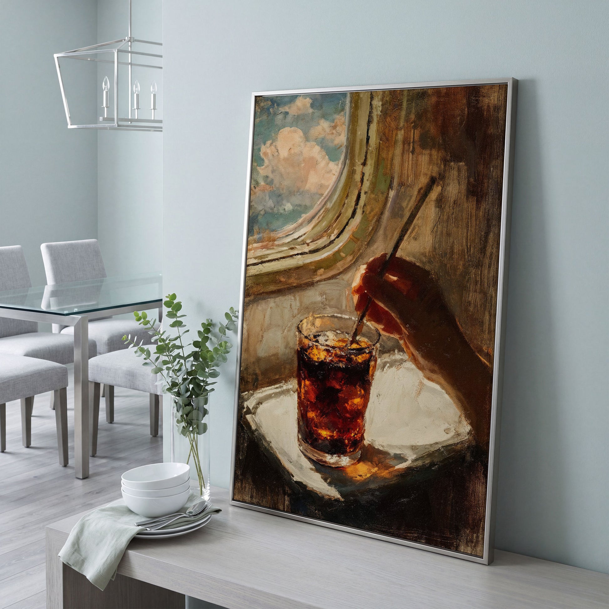 Dark Soda Over Ice, Open Window View. Cocktail Canvas Art in silver floating frame