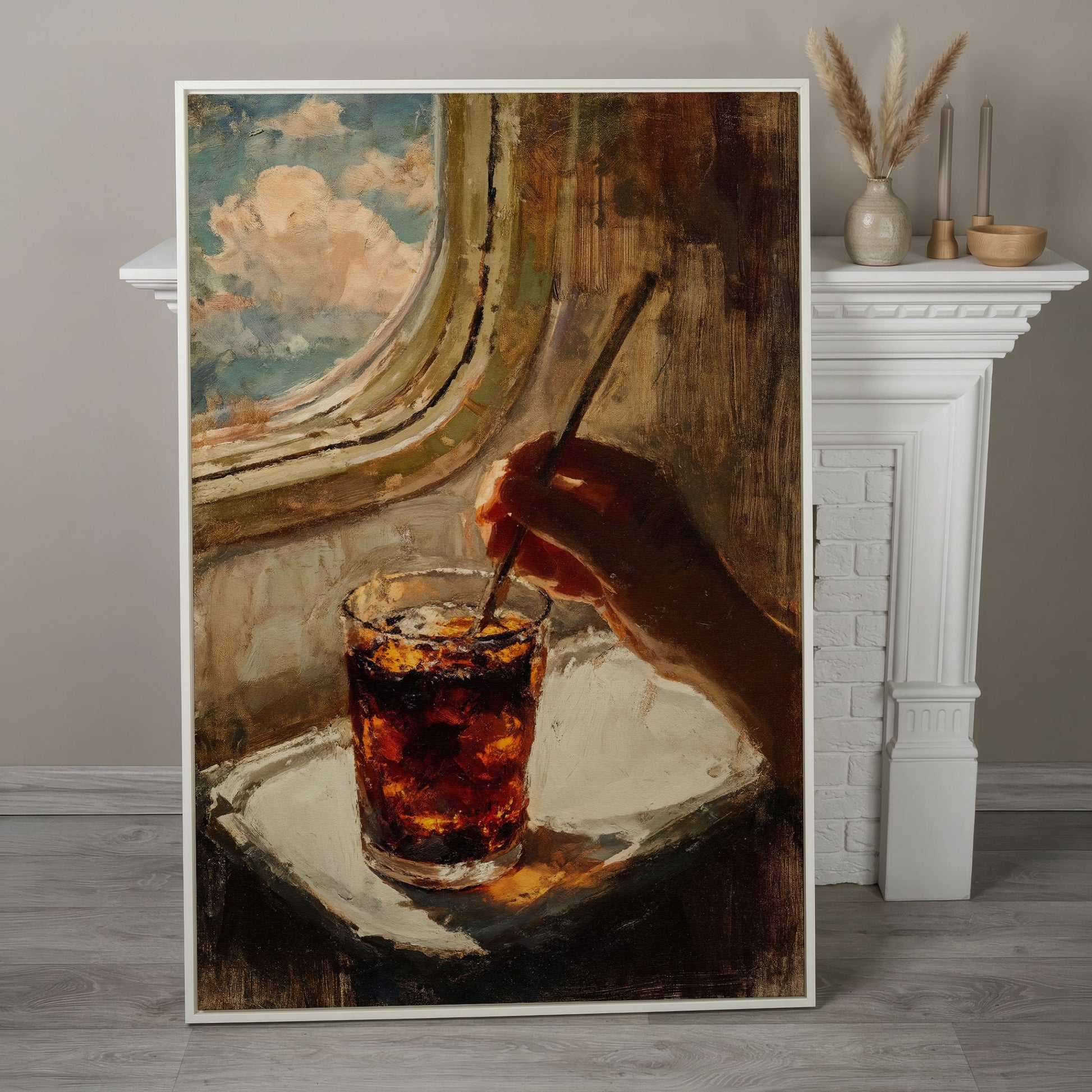 Dark Soda Over Ice, Open Window View. Cocktail Canvas Art in white floating frame