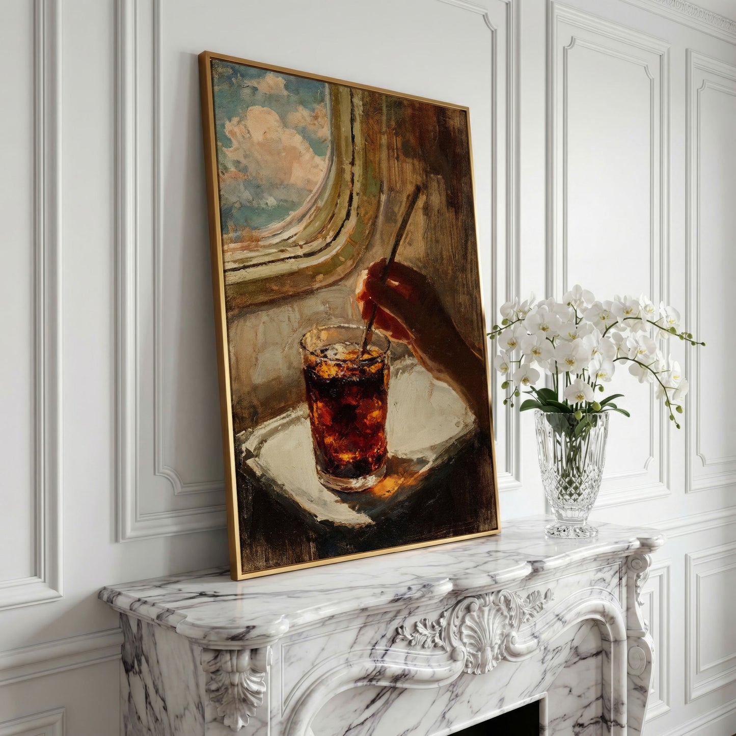 Dark Soda Over Ice, Open Window View. Cocktail Canvas Art in yellow gold floating frame