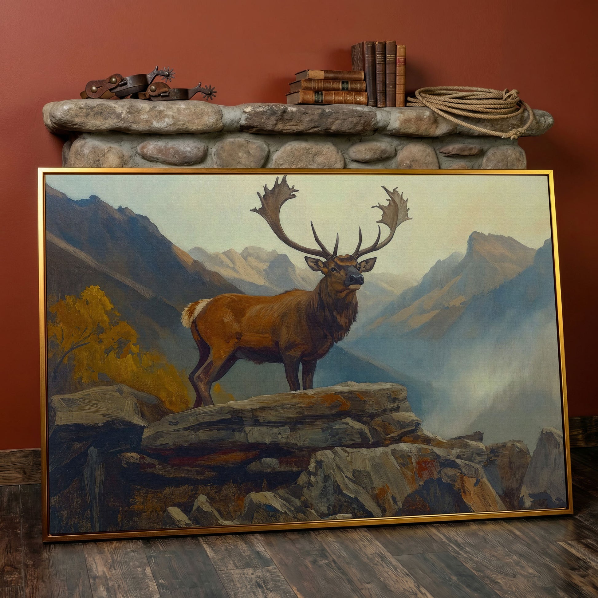 Bull Elk on Rocky Ridge, Misty Mountain Canvas Wall Art in antique gold floating frame