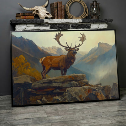 Bull Elk on Rocky Ridge, Misty Mountain Canvas Wall Art in black floating frame