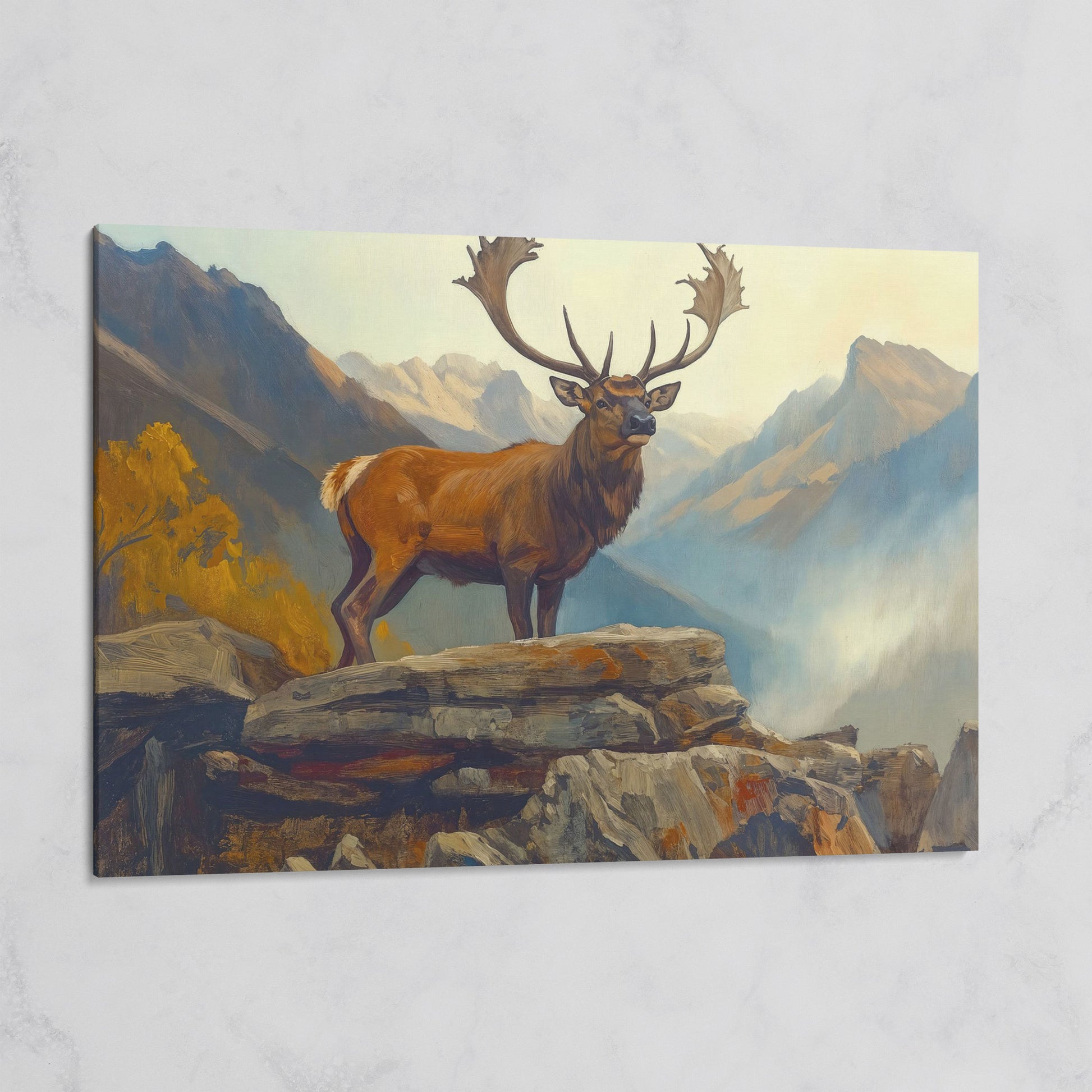 Bull Elk on Rocky Ridge, Misty Mountain Canvas Wall Art on gallery wrap
