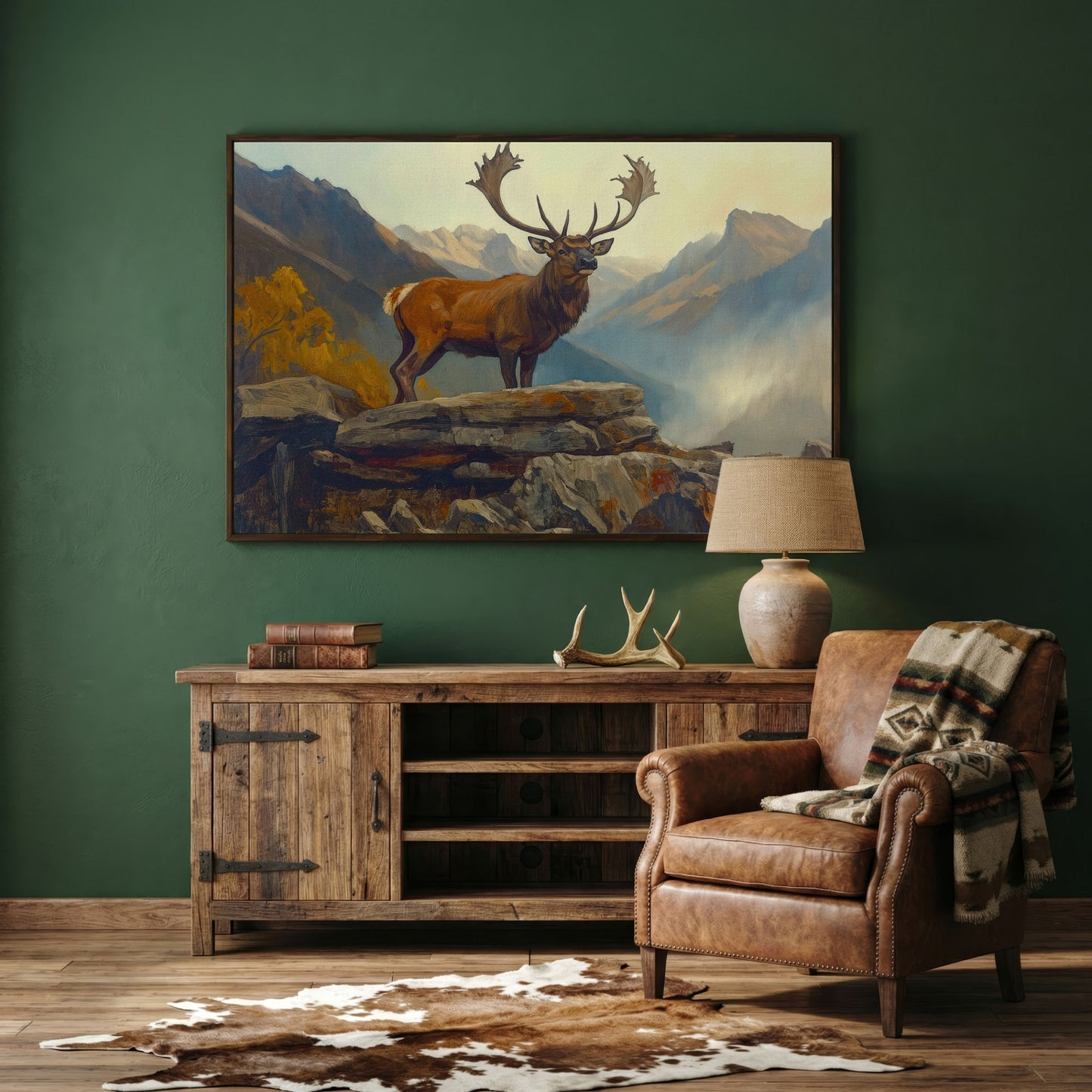 Bull Elk on Rocky Ridge, Misty Mountain Canvas Wall Art in dark walnut floating frame