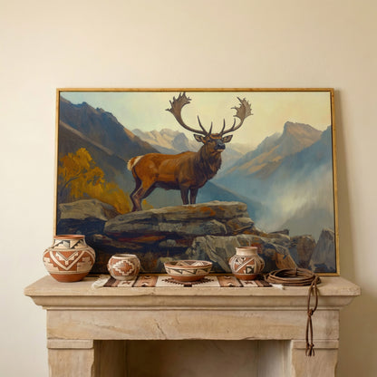 Bull Elk on Rocky Ridge, Misty Mountain Canvas Wall Art in white oak floating frame