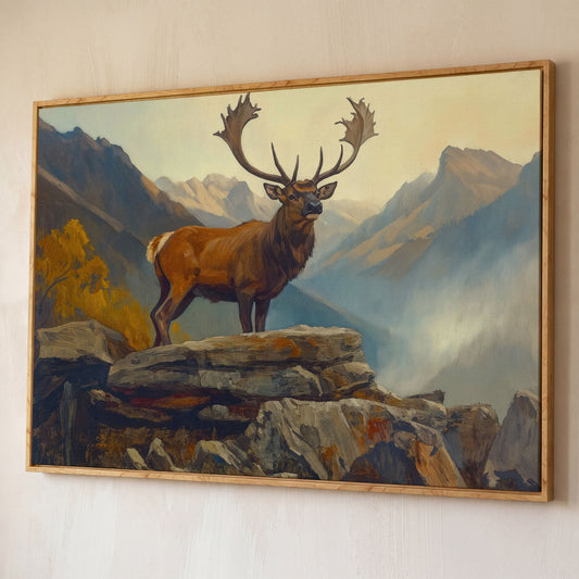 Bull Elk on Rocky Ridge, Misty Mountain Canvas Wall Art shown in white oak floating frame