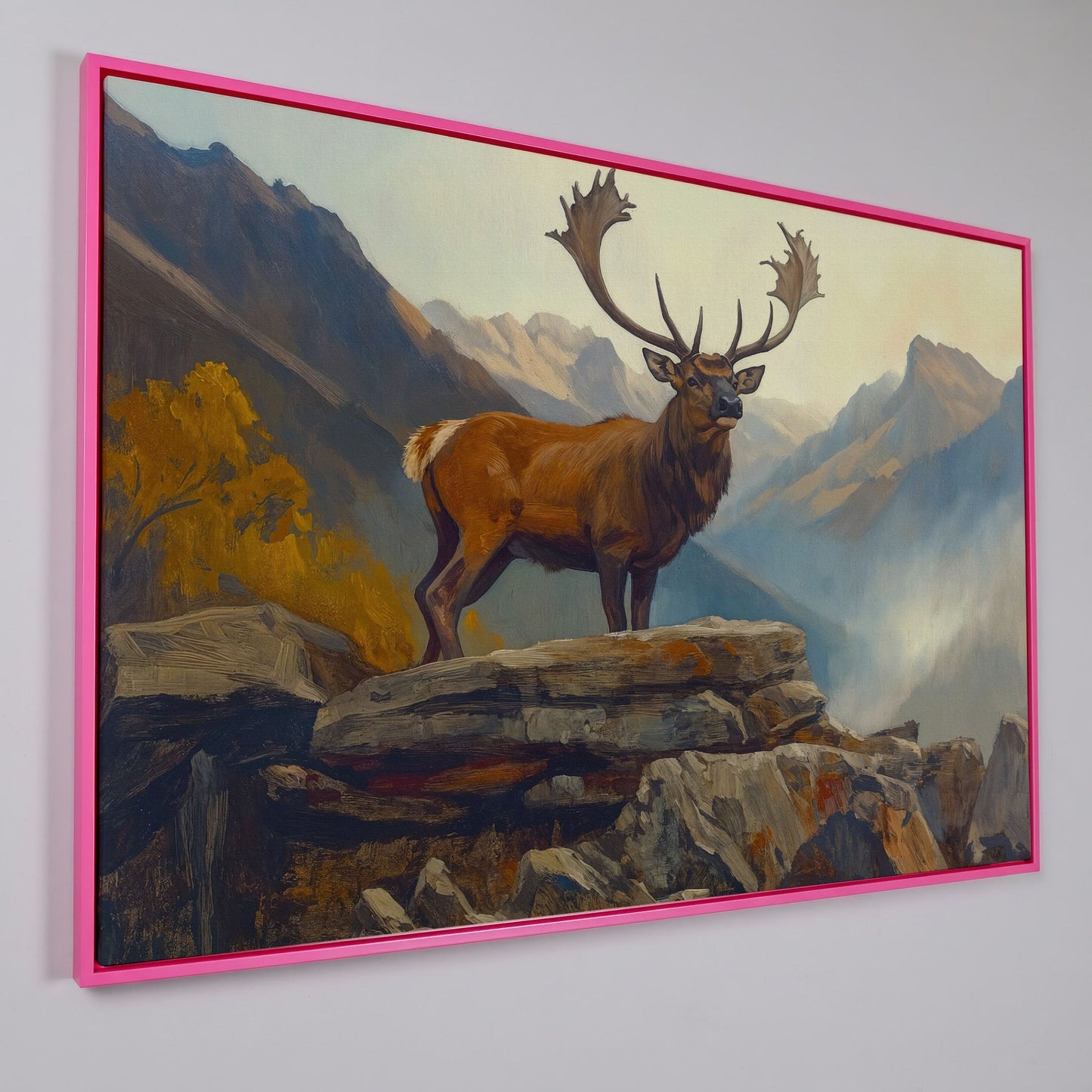Bull Elk on Rocky Ridge, Misty Mountain Canvas Wall Art in pink floating frame