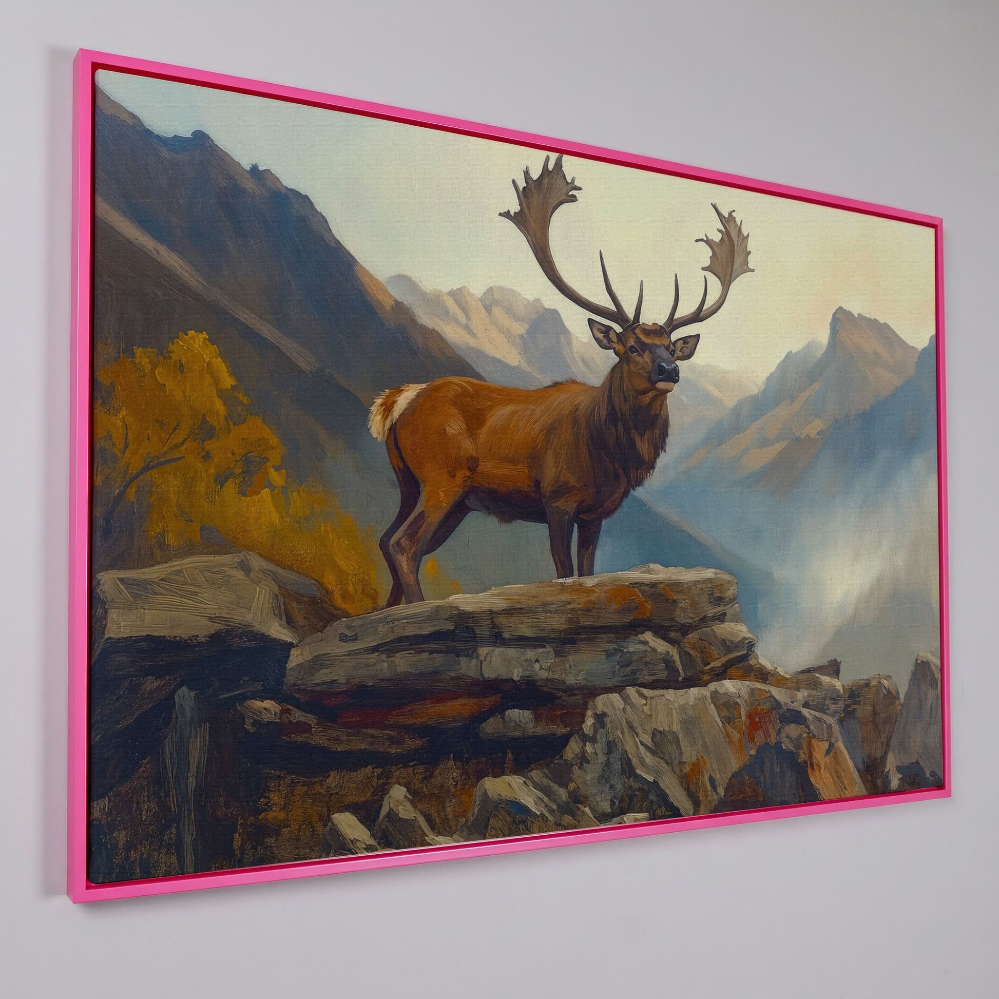 Bull Elk on Rocky Ridge, Misty Mountain Canvas Wall Art in pink floating frame