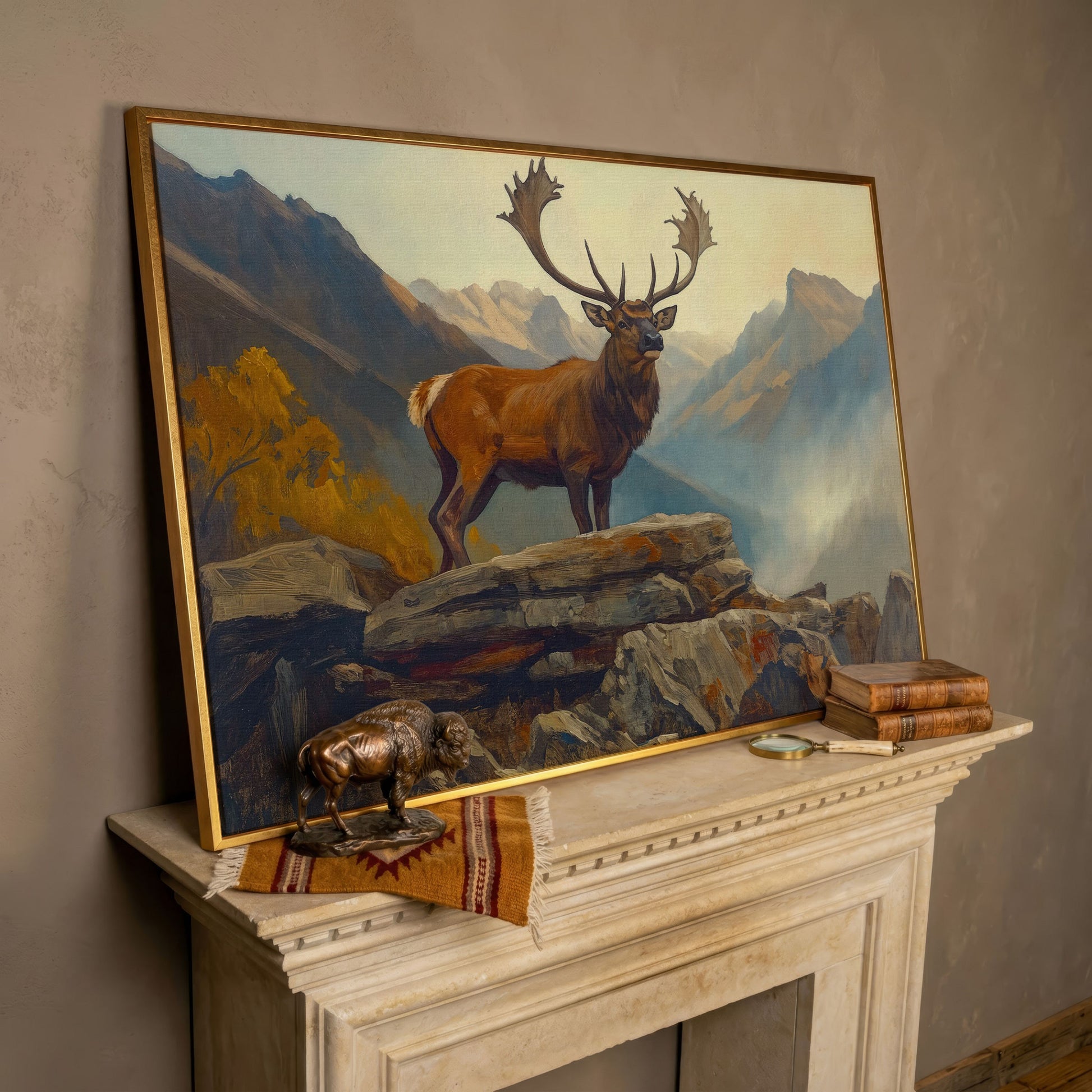 Bull Elk on Rocky Ridge, Misty Mountain Canvas Wall Art in rose gold floating frame
