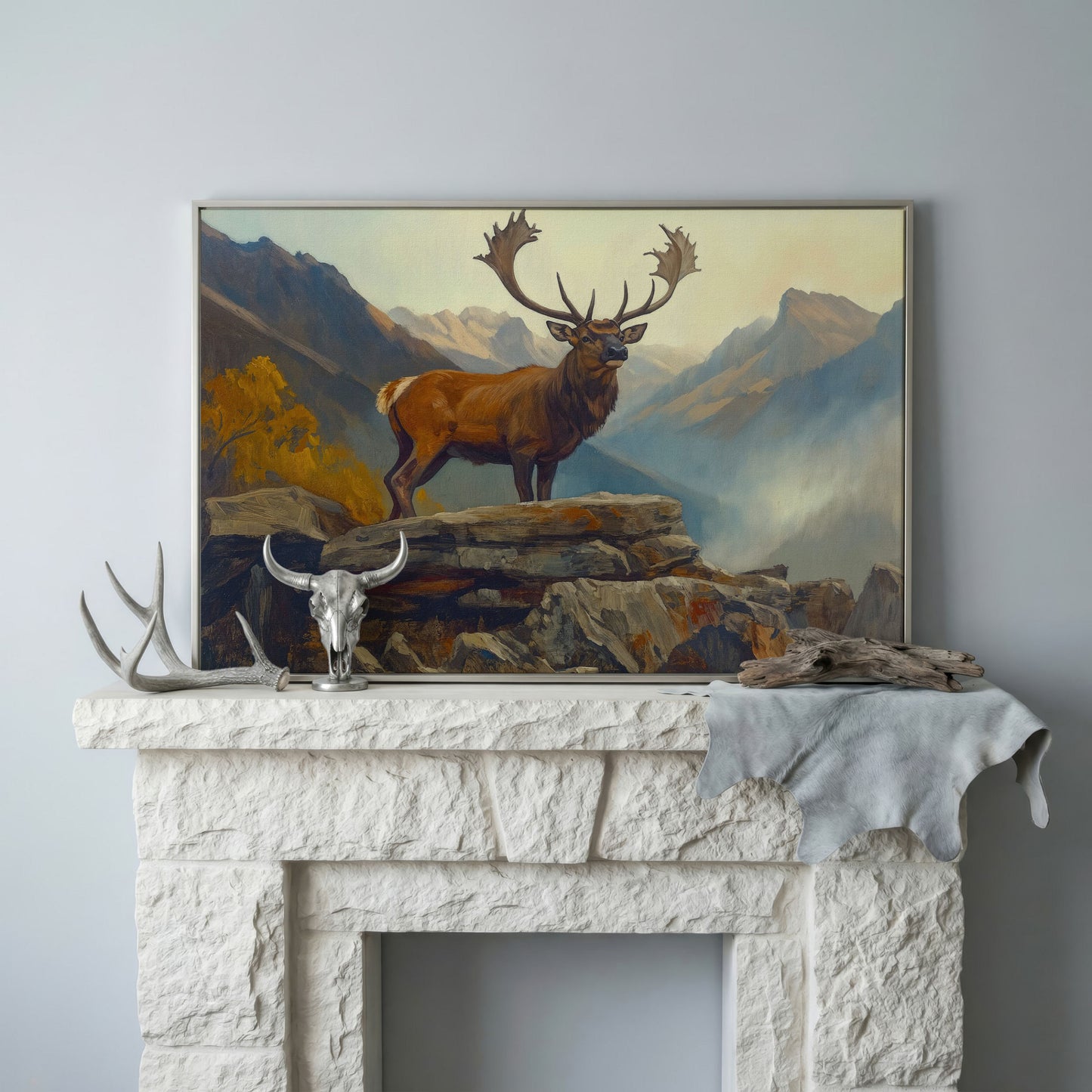 Bull Elk on Rocky Ridge, Misty Mountain Canvas Wall Art in silver floating frame
