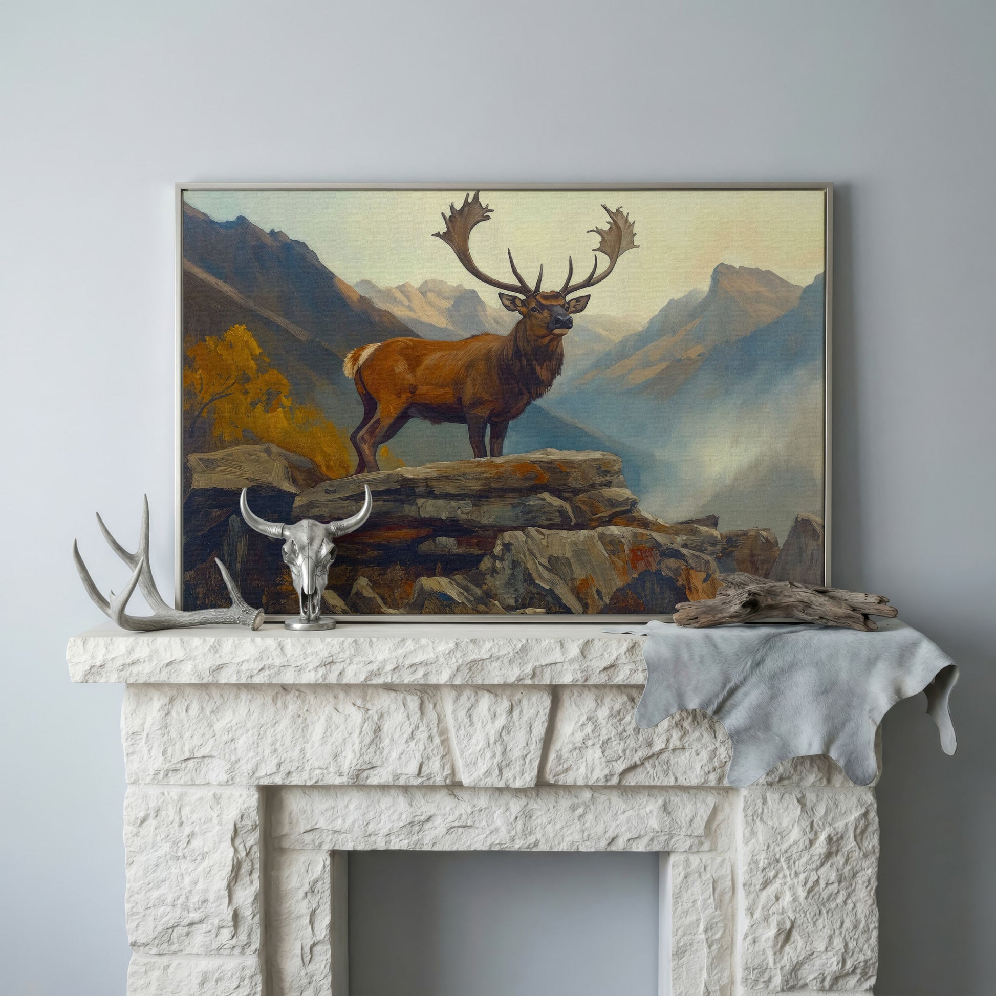 Bull Elk on Rocky Ridge, Misty Mountain Canvas Wall Art in silver floating frame