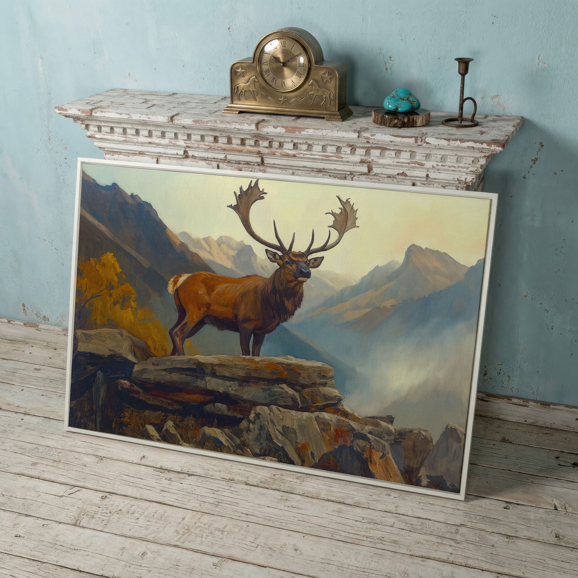 Bull Elk on Rocky Ridge, Misty Mountain Canvas Wall Art in white floating frame