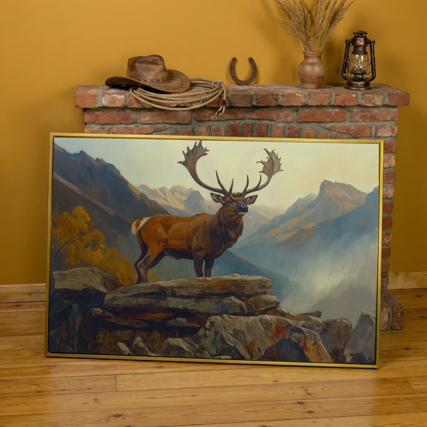 Bull Elk on Rocky Ridge, Misty Mountain Canvas Wall Art in yellow gold floating frame