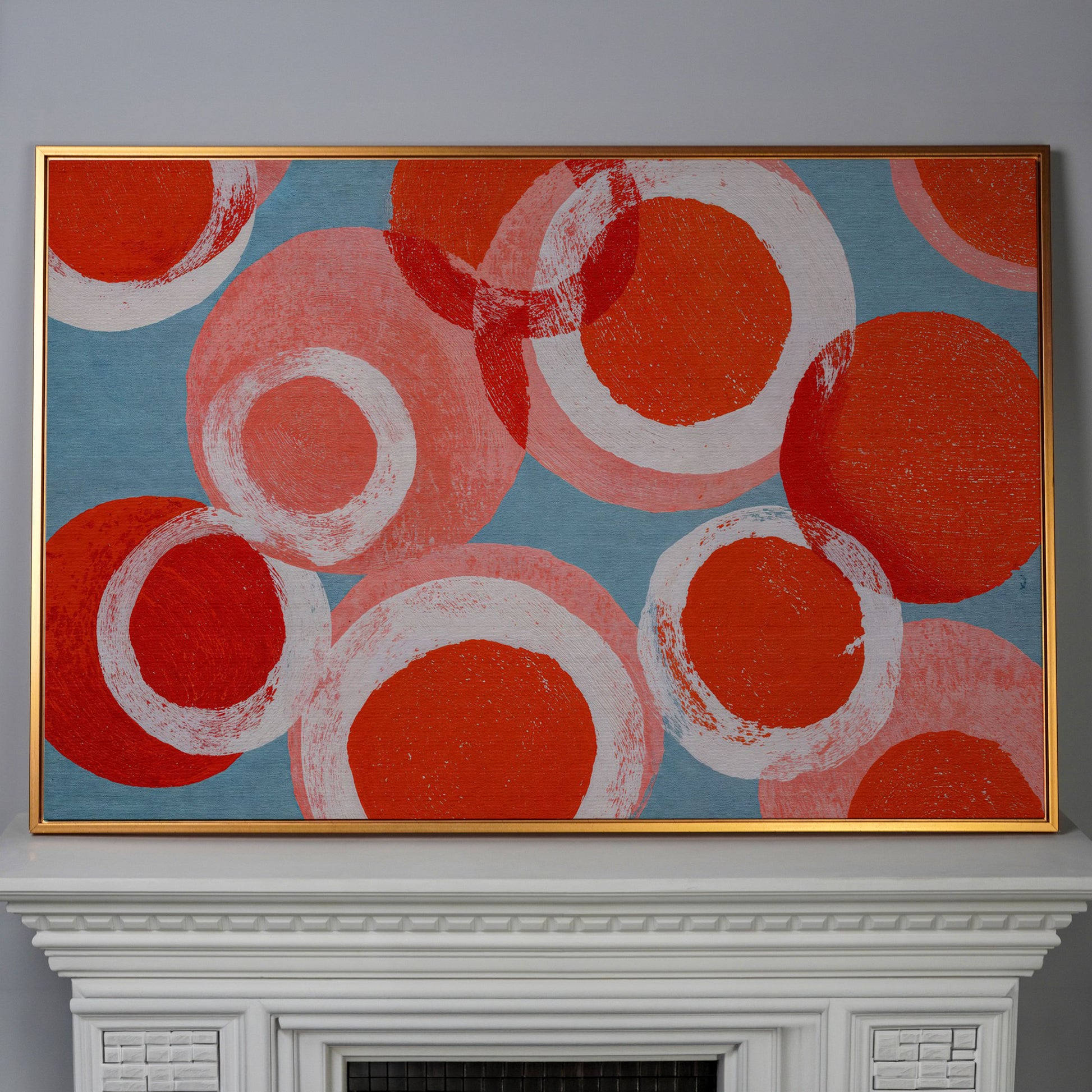 Bold Abstract Circles and Rings Canvas Wall Art in antique gold floating frame