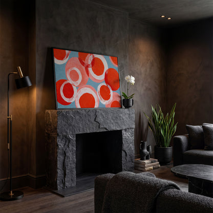 Bold Abstract Circles and Rings Canvas Wall Art in black floating frame