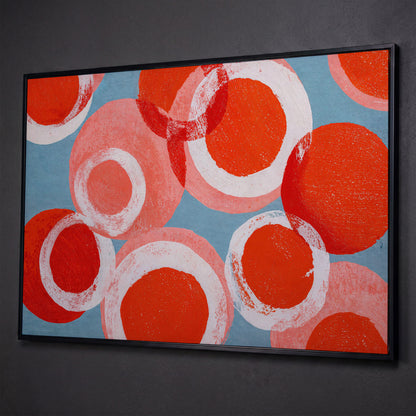 Bold Abstract Circles and Rings Canvas Wall Art shown in black floating frame