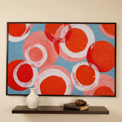 Bold Abstract Circles and Rings Canvas Wall Art in dark walnut floating frame