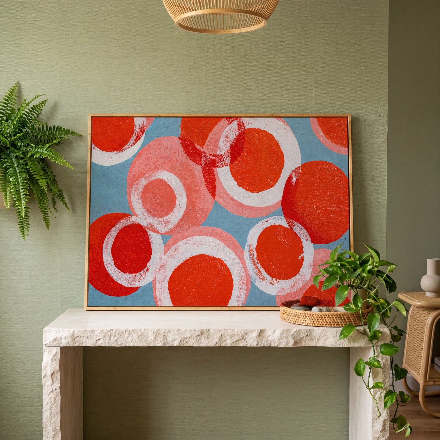 Bold Abstract Circles and Rings Canvas Wall Art in white oak floating frame