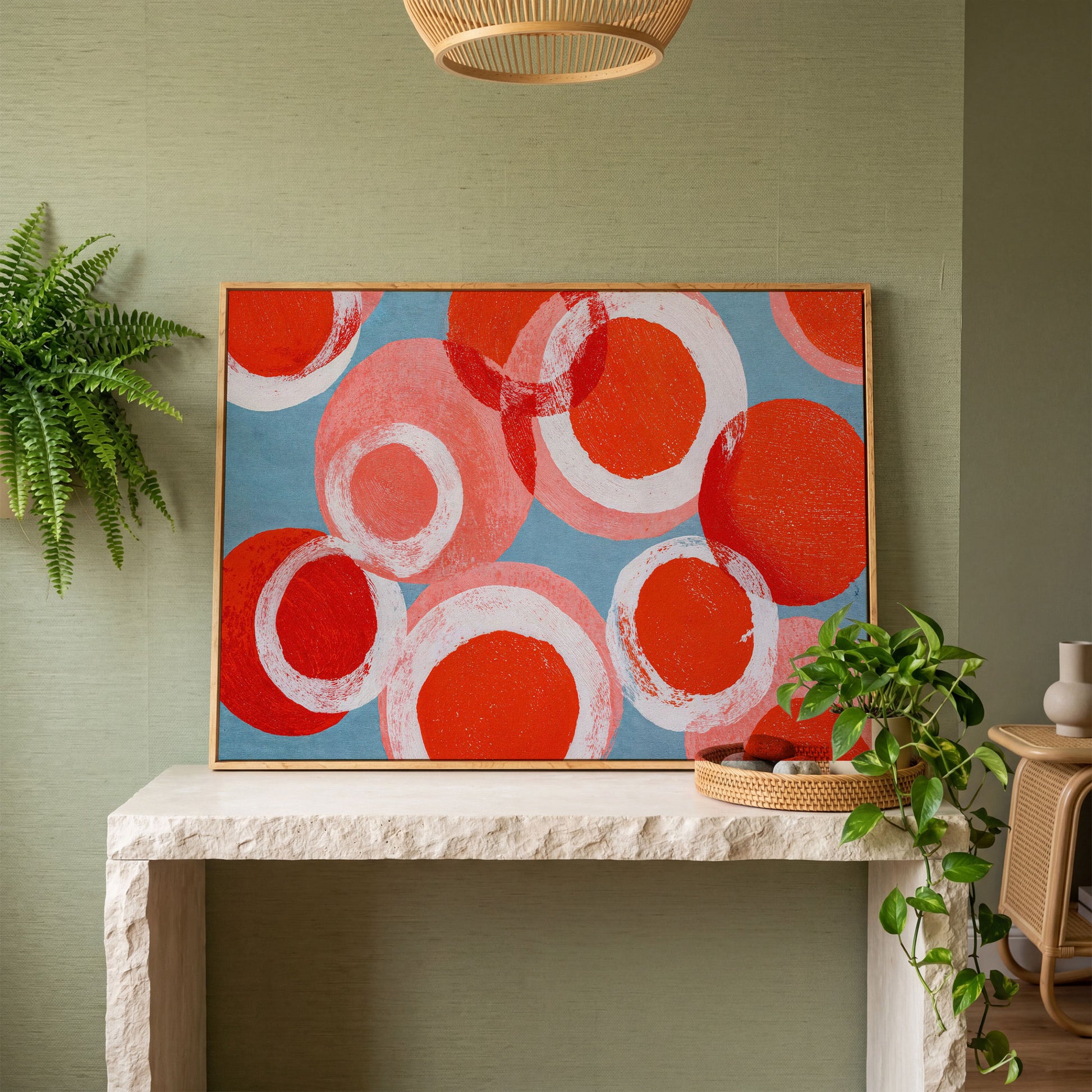 Bold Abstract Circles and Rings Canvas Wall Art in white oak floating frame