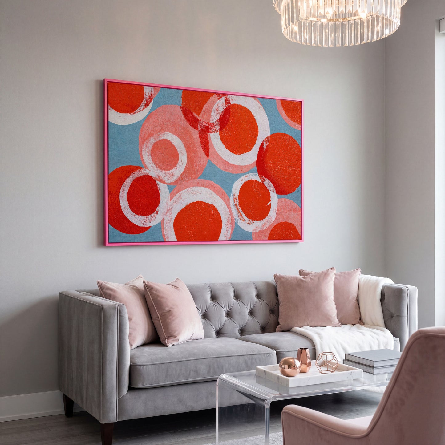 Bold Abstract Circles and Rings Canvas Wall Art in pink floating frame
