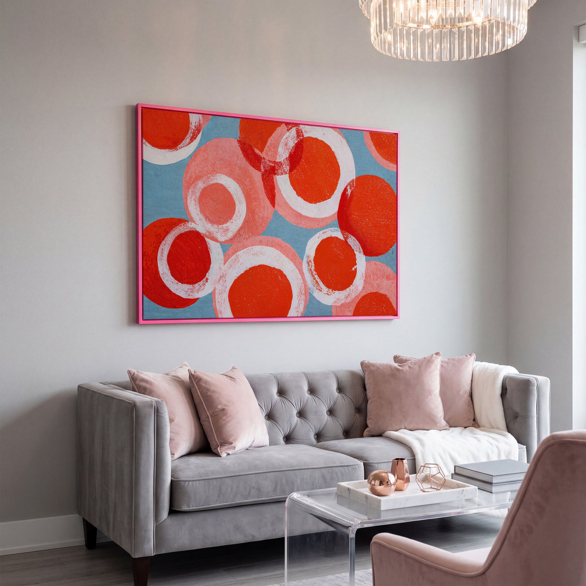 Bold Abstract Circles and Rings Canvas Wall Art in pink floating frame