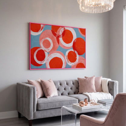 Bold Abstract Circles and Rings Canvas Wall Art in pink floating frame