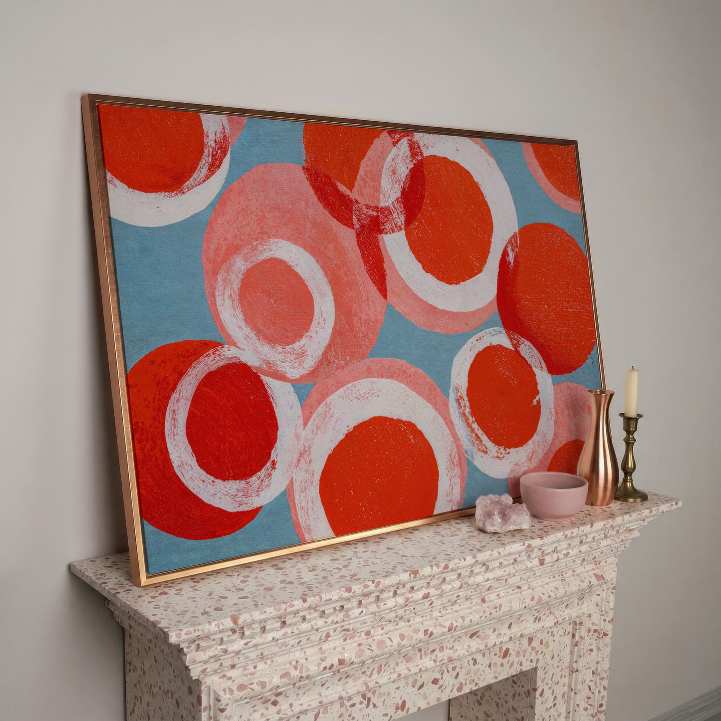 Bold Abstract Circles and Rings Canvas Wall Art in rose gold floating frame
