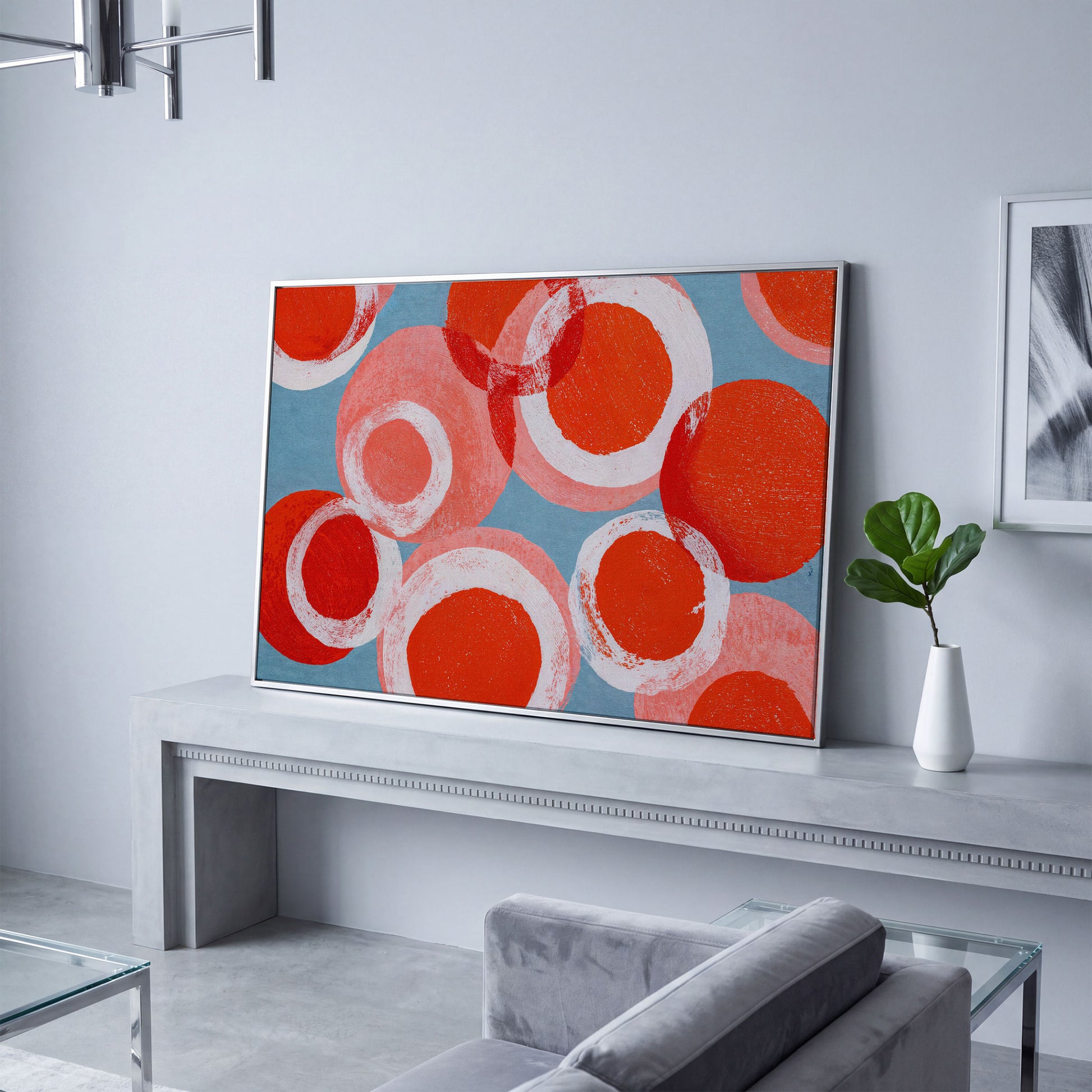 Bold Abstract Circles and Rings Canvas Wall Art in silver floating frame