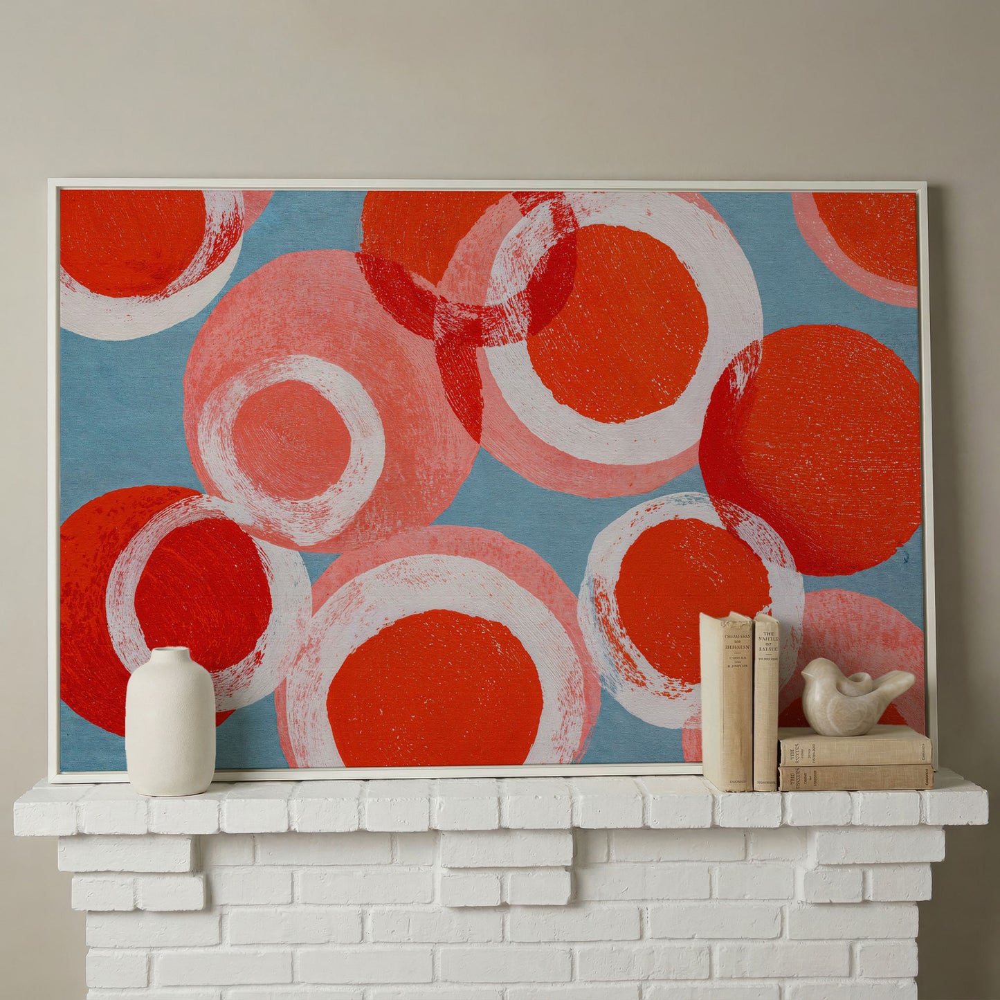 Bold Abstract Circles and Rings Canvas Wall Art in white floating frame