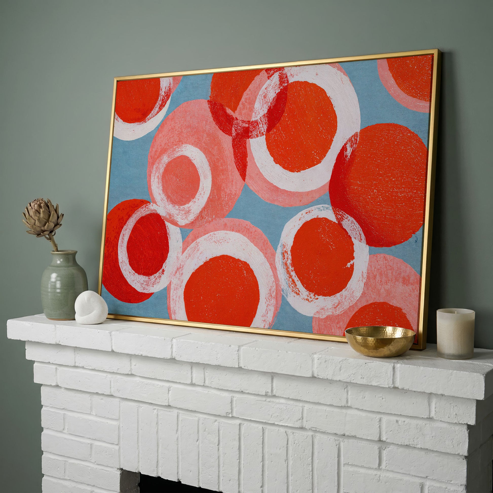 Bold Abstract Circles and Rings Canvas Wall Art in yellow gold floating frame