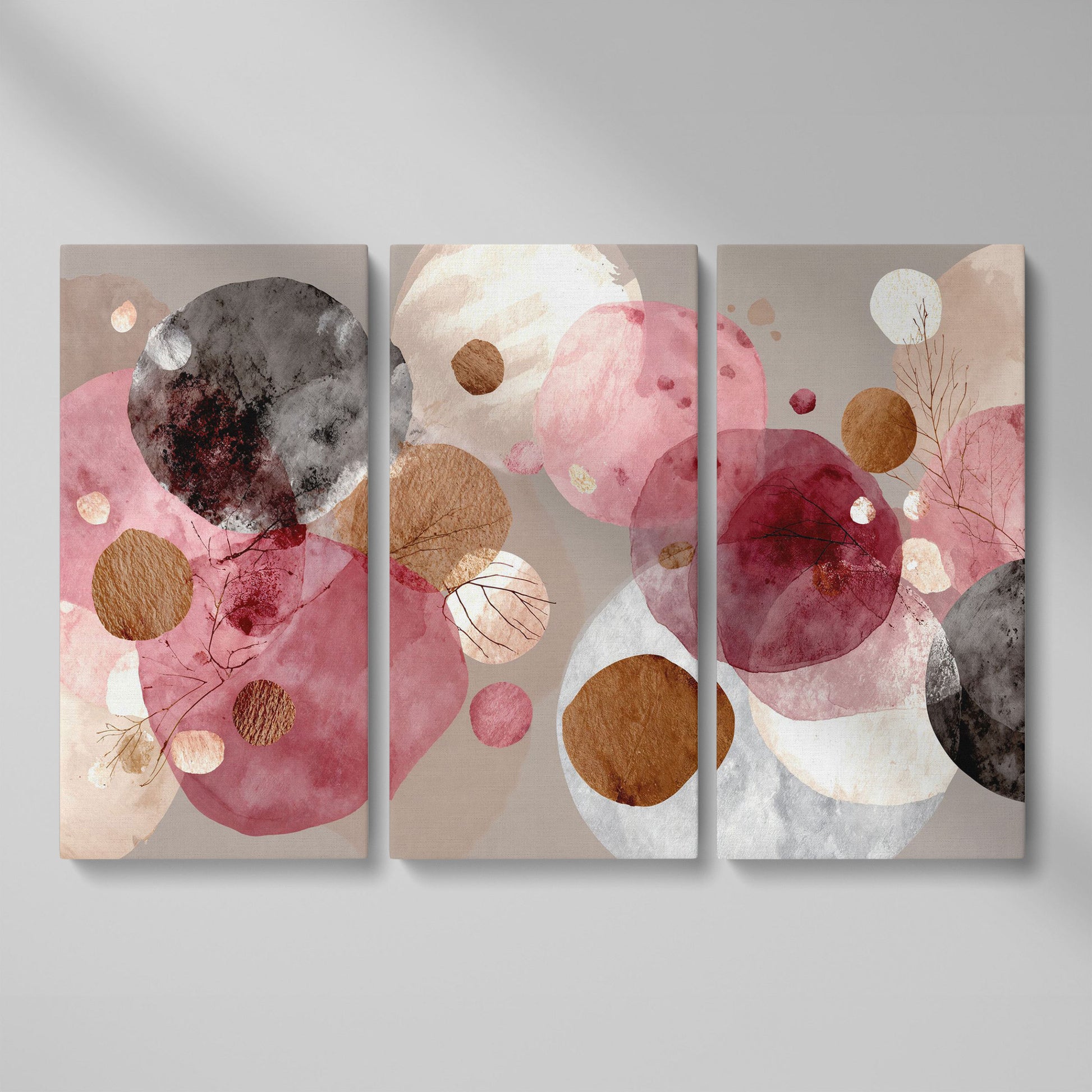Overlapping Circles with Branch Details: Abstract Canvas Art as 3-panel split version