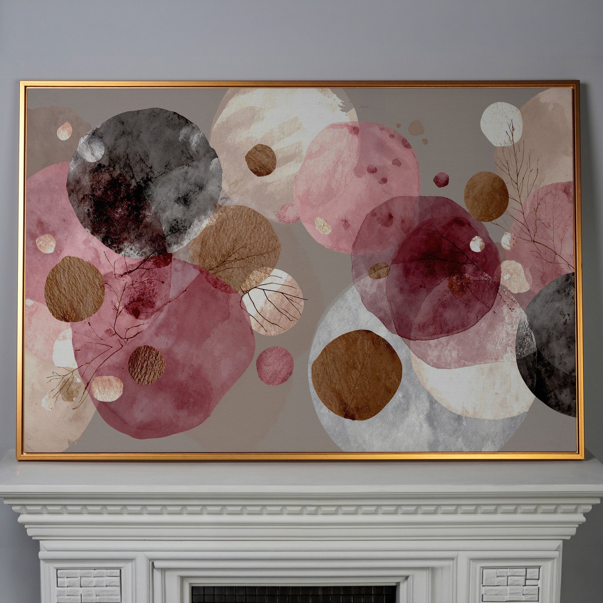 Overlapping Circles with Branch Details: Abstract Canvas Art in antique gold floating frame
