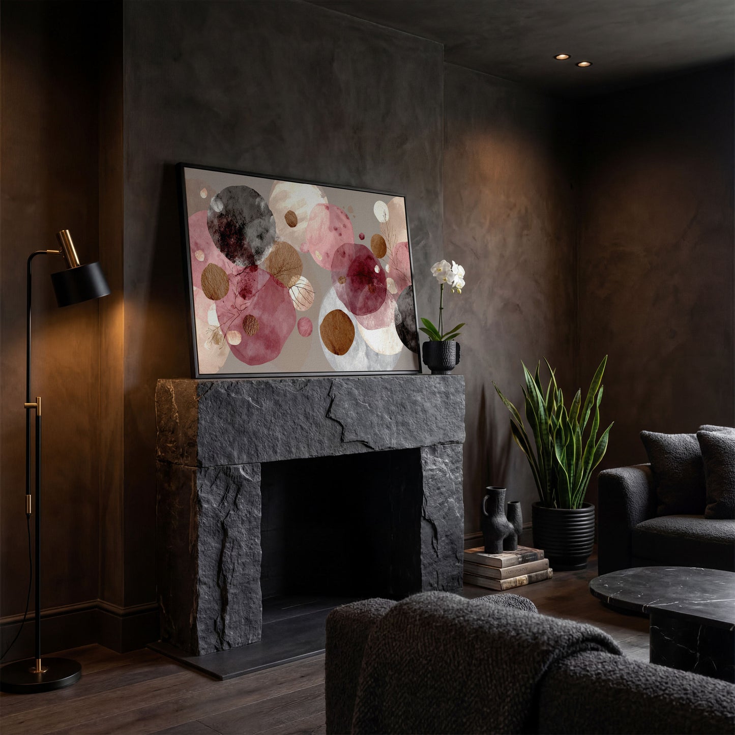 Overlapping Circles with Branch Details: Abstract Canvas Art in black floating frame