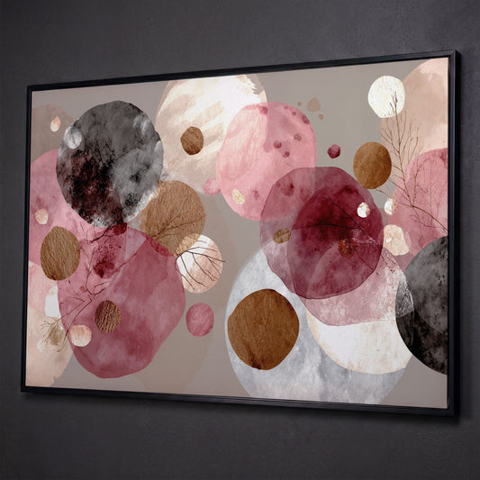 Overlapping Circles with Branch Details: Abstract Canvas Art shown in black floating frame