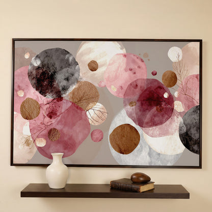 Overlapping Circles with Branch Details: Abstract Canvas Art in dark walnut floating frame
