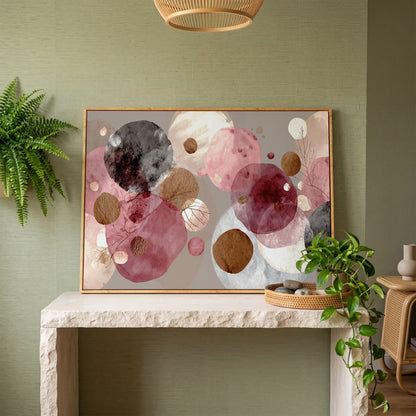 Overlapping Circles with Branch Details: Abstract Canvas Art in white oak floating frame