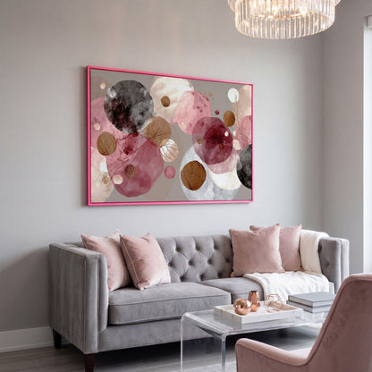 Overlapping Circles with Branch Details: Abstract Canvas Art in pink floating frame