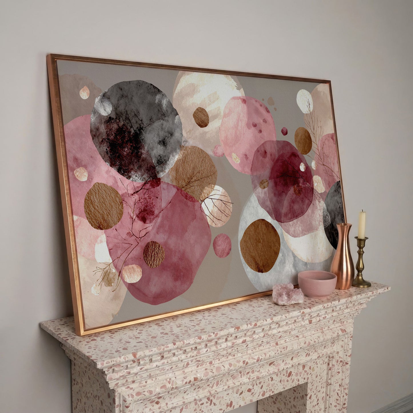Overlapping Circles with Branch Details: Abstract Canvas Art in rose gold floating frame
