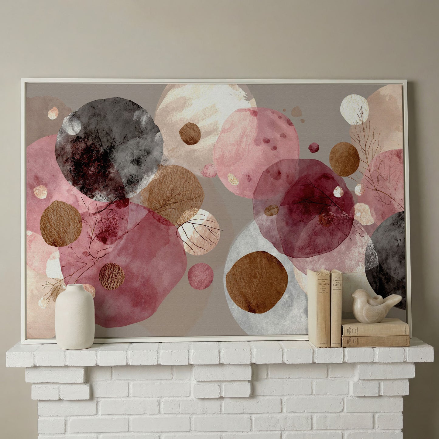 Overlapping Circles with Branch Details: Abstract Canvas Art in white floating frame