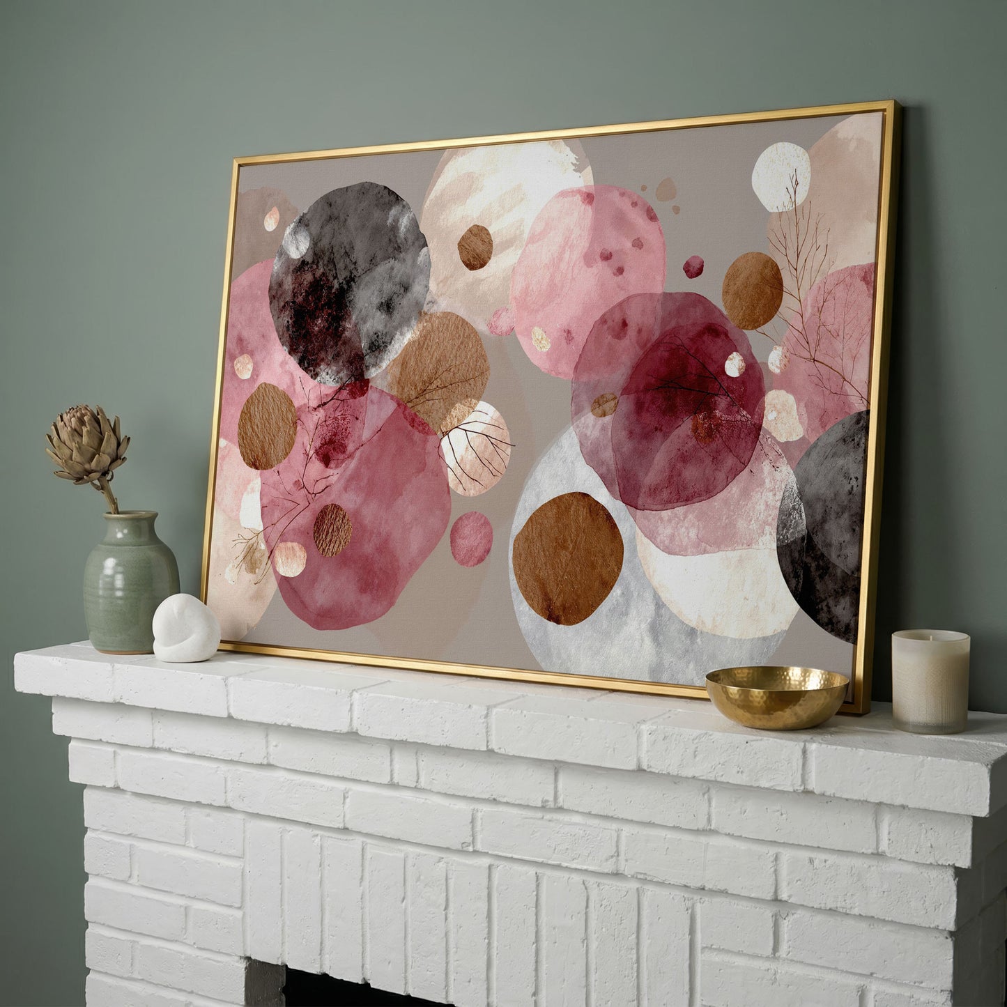 Overlapping Circles with Branch Details: Abstract Canvas Art in yellow gold floating frame
