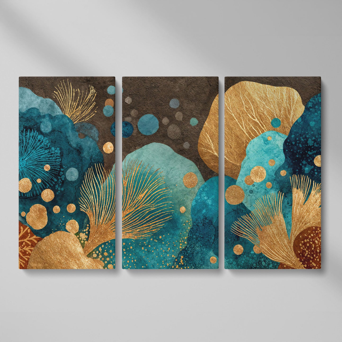 Teal and Gold Abstract Leaf Canvas Wall Art as 3-panel split version