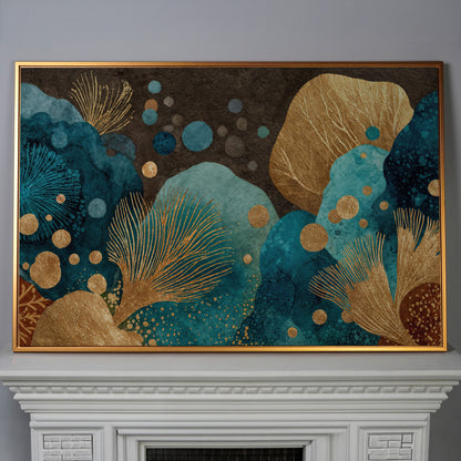 Teal and Gold Abstract Leaf Canvas Wall Art in antique gold floating frame