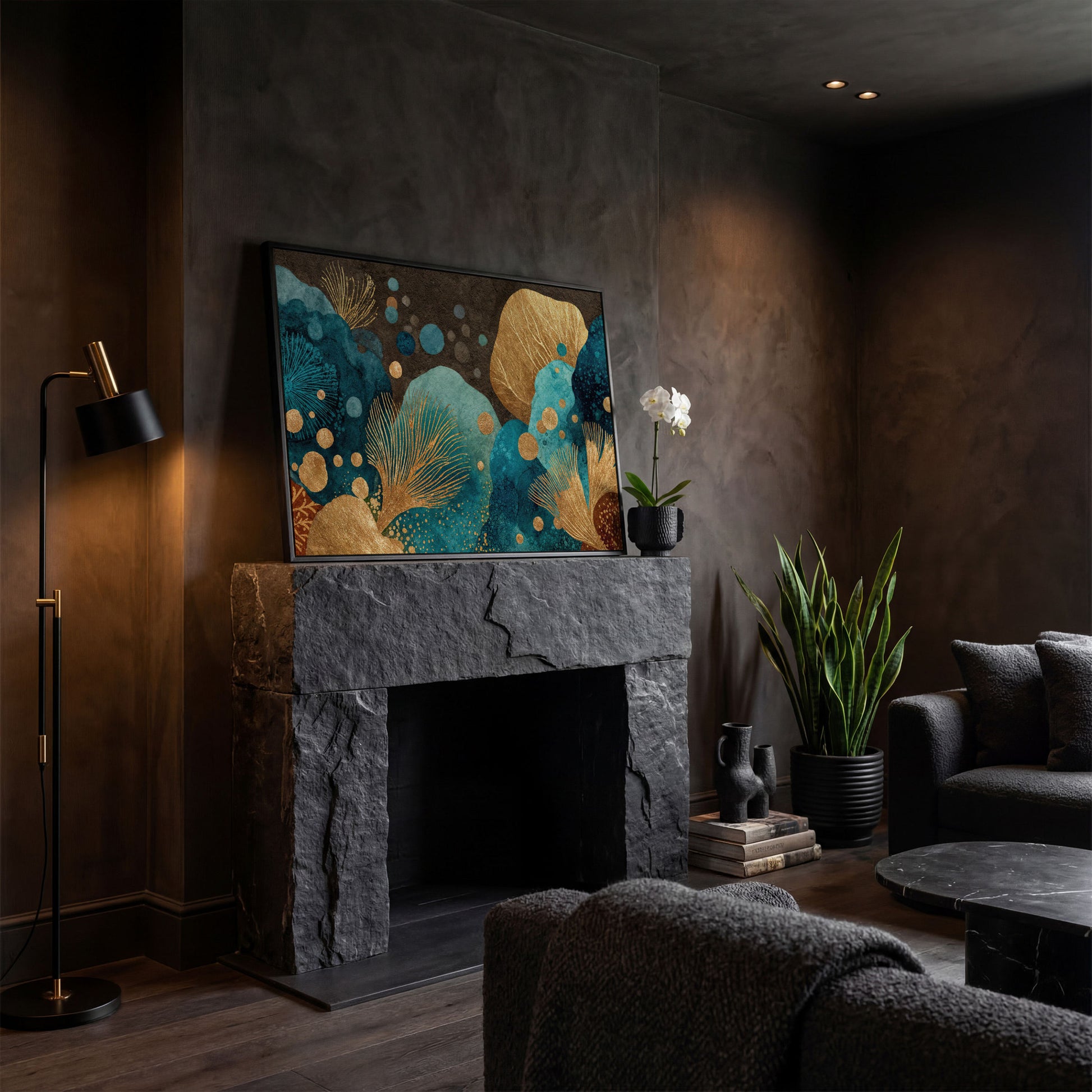 Teal and Gold Abstract Leaf Canvas Wall Art in black floating frame