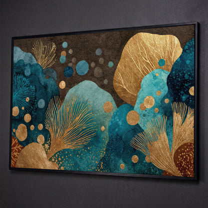 Teal and Gold Abstract Leaf Canvas Wall Art shown in black floating frame